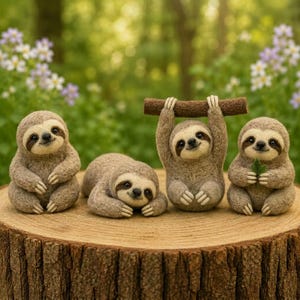 May include: Four needle-felted sloth figurines made of light brown wool. One sits upright, one lies flat, one hangs from a brown felted branch, and one sits holding a small green felt leaf. The sloths have dark brown eye patches and small claws.