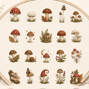 Può includere: Un telaio da ricamo in legno contenente 20 piccoli disegni di funghi su tessuto. Il testo recita 20 Mushroom Mini Patterns, HAND EMBROIDERY PATTERN, PDF, Beginner Friendly, Instant Download e PDF Pattern Bundle con bordi floreali.