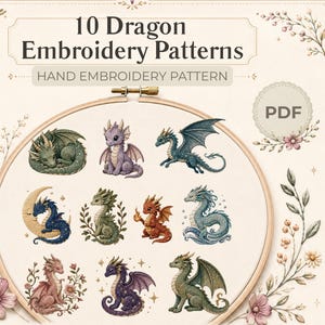 Könnte beinhalten: Eine digitale Grafik mit dem Text 10 Dragon Embroidery Patterns und Hand Embroidery Pattern. Ein hölzerner Stickrahmen umrahmt zehn verschiedene Drachenillustrationen in diversen Farben und Posen, inklusive einer Mondsichel und Blumenmotiven.