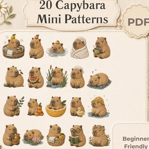 Könnte beinhalten: Ein digitales PDF-Dokument mit dem Titel 20 Capybara Mini Patterns, das zwanzig verschiedene Illustrationen von braunen Wasserschweinen bei verschiedenen Aktivitäten zeigt, darunter Baden, Obst essen und das Tragen von Accessoires. Das Design ist anfängerfreundlich.