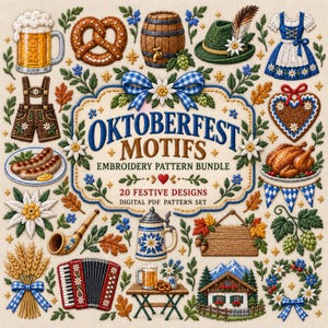 Puede incluir: Un conjunto de patrones de bordado con motivos del Oktoberfest que incluye una jarra de cerveza, un pretzel, un barril de madera, un sombrero alpino, un dirndl, lederhosen, una galleta en forma de corazón, salchichas y un acordeón.