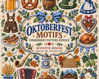 20 Oktoberfest Embroidery Patterns PDF, Bavarian Festival Hand Embroidery Bundle, German Folk Printable Designs