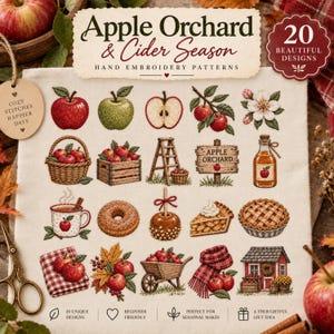 May include: A fabric sampler featuring 20 hand embroidery patterns titled Apple Orchard & Cider Season. Designs include red and green apples, a basket, a wooden crate, a ladder, a sign, a cider bottle, a mug, a donut, a candy apple, pie, and a shed.