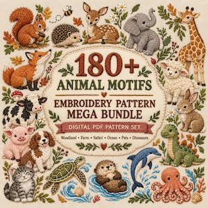 May include: A digital embroidery pattern collection featuring the text 180+ ANIMAL MOTIFS EMBROIDERY PATTERN MEGA BUNDLE DIGITAL PDF PATTERN SET. The design includes embroidered illustrations of a squirrel, hedgehog, deer, elephant, giraffe, fox, lamb, rabbit, cow, pig, dog, cat, turtle, otter, dolphin, dinosaur, and octopus.