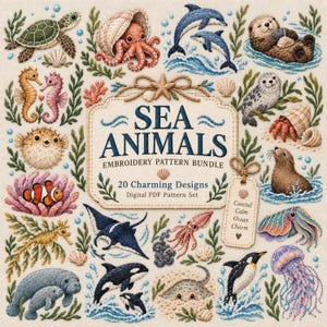 Op de afbeelding: Een digitaal borduurpatroonpakket met twintig illustraties van zeedieren, waaronder een zeeschildpad, octopus, dolfijnen, zeeotter, zeehond, heremietkreeft, kogelvis, clownvis, zeepaardjes, pijlstaartrog, inktvis, orka's, zeekoeien en een kwal.