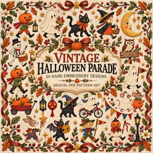 Vintage Halloween Parade Embroidery Patterns, 20 Retro Motifs (Digital Download)