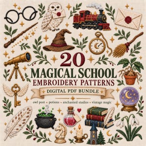 Op de afbeelding: Een digitale borduurpatrooncollectie getiteld 20 MAGICAL SCHOOL EMBROIDERY PATTERNS DIGITAL PDF BUNDLE. Het ontwerp bevat geborduurde iconen waaronder een uil, trein, toverstaf, bril, ketel, boeken en een glazen bol op een stoffen achtergrond.
