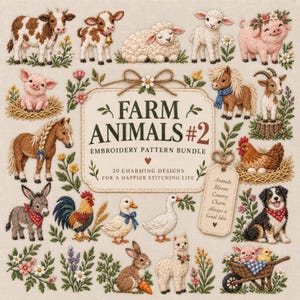 Könnte beinhalten: Ein Stickmuster-Set mit dem Titel FARM ANIMALS #2, das zwanzig gestickte Illustrationen von Bauernhoftieren wie Kuh, Schaf, Schwein, Pferd, Ziege, Huhn, Esel, Hahn, Ente, Kaninchen, Alpaka und Hund zeigt, umgeben von floralen Elementen.