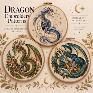 May include: Three circular wooden embroidery hoops containing fabric with stitched dragon designs. The top hoop features a blue dragon with a crescent moon. The bottom left hoop shows a green dragon with mushrooms. The bottom right hoop displays a blue dragon with a treasure chest.
