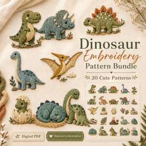 Puede incluir: Un paquete de patrones de bordado en PDF digital con 20 diseños de dinosaurios. La imagen muestra varios dinosaurios bordados, incluyendo un T-Rex, triceratops, estegosaurio y pterodáctilo en tonos verdes, azules y bronceados, con texto.