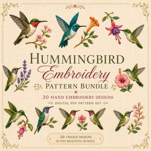 Puede incluir: Un paquete de patrones de bordado digital con el texto "HUMMINGBIRD Embroidery PATTERN BUNDLE 20 HAND EMBROIDERY DESIGNS DIGITAL PDF PATTERN SET 20 UNIQUE DESIGNS IN ONE BEAUTIFUL BUNDLE" rodeado de ilustraciones de colibríes y flores.