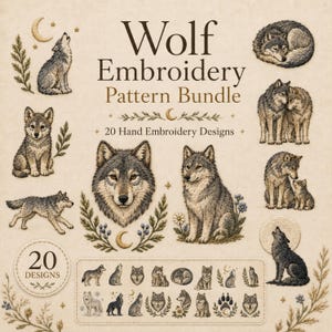 Puede incluir: Una colección digital de 20 patrones de bordado de lobos con diversas ilustraciones de lobos en diferentes posturas, incluyendo aullando, sentados y durmiendo, acompañados de elementos botánicos, lunas y estrellas sobre un fondo beige.