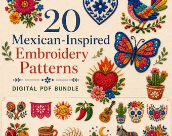 20 Mexican Embroidery Patterns, Colorful Folk Art Bundle (Digital PDF)