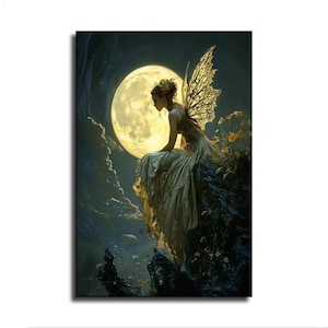 Illustrazione di una fata lunare magica, poster con ali di folletto gotico, stampa su tela celeste.