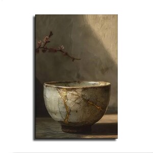 May include: A ceramic bowl with a light gray, textured surface featuring prominent cracks repaired with gold lacquer. A delicate, thin branch with small, dark buds extends into the frame from the upper left, positioned above the bowl.