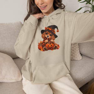 Könnte beinhalten: Ein beigefarbener Kapuzenpullover mit einem Grafikdruck eines braunen Welpen, der einen schwarzen Hexenhut und einen gestreiften Schal trägt. Der Welpe sitzt inmitten von orangefarbenen Herbstblättern und Kürbissen, darunter ein geschnitzter Kürbis.