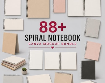 May include: A collection of spiral notebooks in various orientations, colors, and positions, including open and closed views. The text 88+ SPIRAL NOTEBOOK CANVA MOCKUP BUNDLE is centered in the middle, accompanied by a small heart icon.