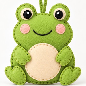 May include: A green felt frog ornament featuring a round cream-coloured belly, pink circular cheeks, and large black eyes with white highlights. The frog has a stitched edge detail and a small green loop at the top for hanging purposes.