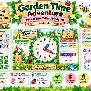 Puede incluir: Un set de actividades imprimible Garden Time Adventure que incluye un reloj central con manecillas azul y roja, fichas numéricas del 1 al 12, fichas de minutos, palabras de tiempo y relojes de práctica con elementos de jardín, flores y bichos.