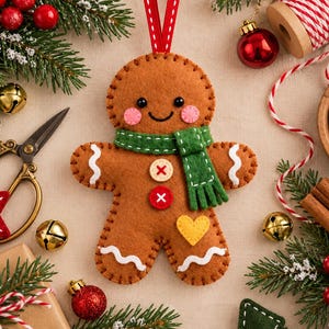 May include: A brown felt gingerbread person ornament featuring a green scarf, two buttons, a yellow heart, and white icing details. The ornament has a smiling face with pink cheeks and is suspended by a red ribbon with white stitching.