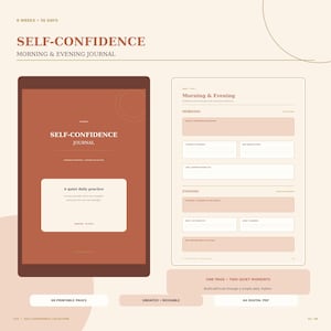 Peut inclure: Un journal numérique de confiance en soi avec une couverture couleur rouille portant le texte Self-Confidence Journal et A quiet daily practice. À côté se trouve une mise en page avec des sections pour les réflexions du matin et du soir.