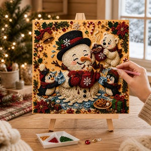 May include: A square diamond painting kit on a wooden easel featuring a central snowman wearing a black top hat, flanked by two penguins and a polar bear. The festive scene includes holly, a bell, a candy cane, and a gift box, all rendered in colorful faceted beads.