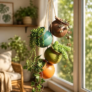 May include: A hanging planter set featuring four round ceramic pots in teal, brown, olive green, and orange, suspended by thick jute ropes. Each pot contains a different trailing plant, including string of pearls, ivy, and succulents.