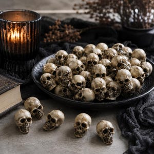 Peut inclure: Une collection de petites répliques réalistes de crânes humains en matériau blanc cassé avec des détails sombres et vieillis dans les orbites et les cavités nasales. Les crânes sont disposés dans un grand bol noir, avec plusieurs crânes individuels placés sur la surface devant le bol.