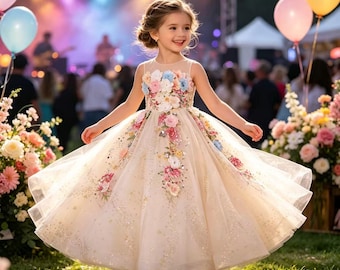 Fairy Floral Girls Princess Dress, Sleeveless Tulle Puffy Flower Girl Gown, Kids Boho Formal Birthday Party Evening Dress
