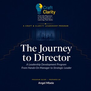 May include: A dark blue program guide titled The Journey to Director, A Leadership Development Program From Hands-On Manager to Strategic Leader, prepared by Angel Mbele, featuring a lightbulb logo and a graphic of stairs leading to a boardroom.