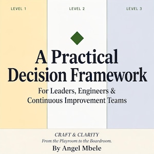 May include: A square book cover titled A Practical Decision Framework For Leaders, Engineers & Continuous Improvement Teams by Angel Mbele. The design features three vertical panels in yellow, white, and light blue, labeled Level 1, 2, and 3.