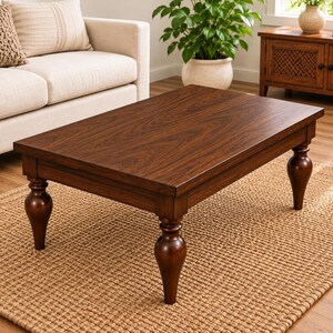 May include: A rectangular coffee table with a dark brown wood grain finish and a smooth flat top surface. The table is supported by four thick, turned legs that taper toward the bottom, featuring a classic bulbous shape at the top of each leg.