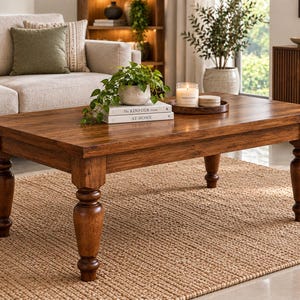 May include: A rectangular coffee table crafted from dark brown wood with a visible grain pattern. The table features four thick, turned legs with a rounded, bulbous design. On the surface sit two stacked books titled The Kinfolk At Home.