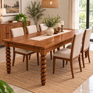 May include: A rectangular wooden dining table with four turned, spool-style legs, accompanied by six chairs featuring light beige upholstered seats and backrests. The table is set with a woven runner, a ceramic vase with greenery, and two candles.