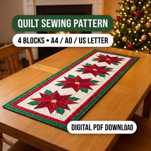 May include: A rectangular quilt table runner featuring a repeating poinsettia flower pattern in red, green, and white. Text overlays read QUILT SEWING PATTERN, 4 BLOCKS • A4 / A0 / US LETTER, and DIGITAL PDF DOWNLOAD. The runner is on a wooden table.