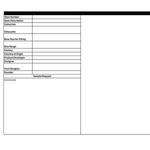 May include: A white document with a black border and a table containing fields such as "Style Number", "Style Description", and "Sample Request". The document is on a white background.