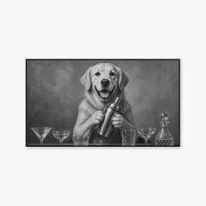 Print Golden Retriever Barman, Arte Mural Cao Preto e Branco, Ilustracao Cocktail Vintage, Decor Bar de Casa