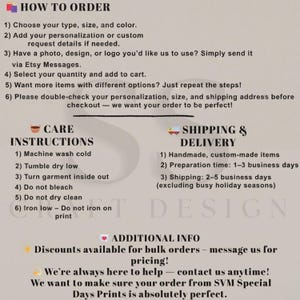 May include: An informational graphic on a light background with black text detailing order steps, care instructions, and additional information. The text includes sections titled How to Order, Care Instructions, Shipping & Delivery, and Additional Info.