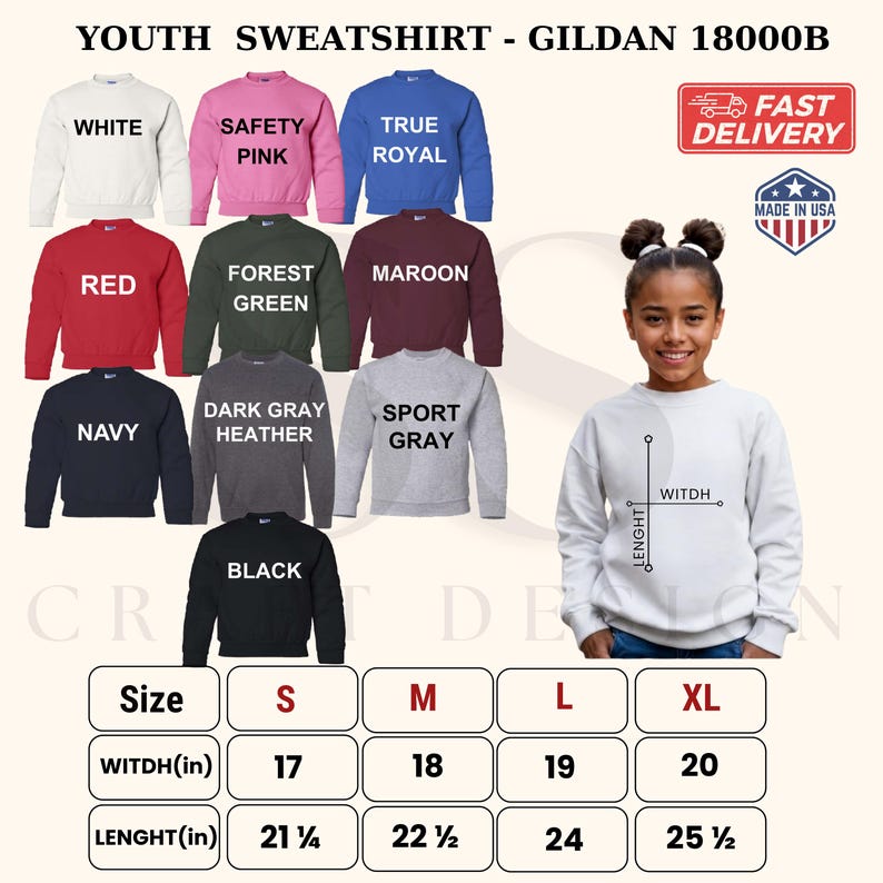 May include: A Gildan 18000B youth sweatshirt color chart displaying white, safety pink, true royal, red, forest green, maroon, navy, dark gray heather, sport gray, and black options, with a size chart in inches for small, medium, large, and extra-large.