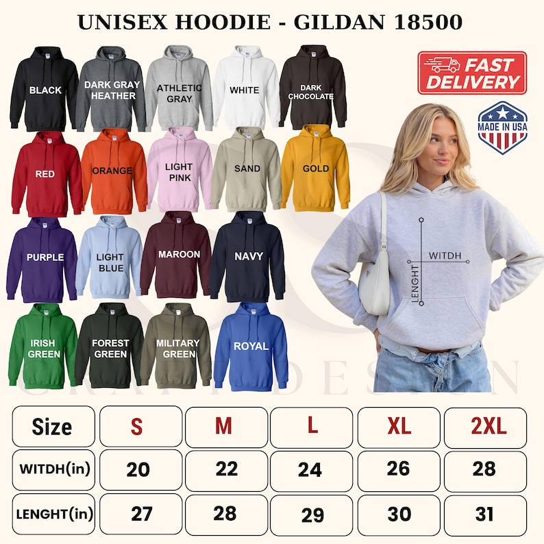 May include: A Gildan 18500 unisex hoodie available in twenty colors including black, white, red, and navy. The image displays a size chart with width and length measurements in inches for sizes S through 2XL, alongside a model wearing a light gray hoodie.