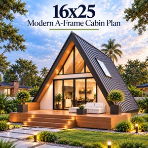 May include: A 16x25 Modern A-Frame Cabin Plan featuring a triangular structure with a dark metal roof, large glass windows, and a wooden deck. The interior shows a living area with a white sofa and kitchen. Exterior includes potted plants.