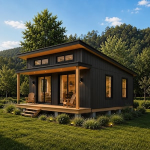 May include: A modern cabin with dark vertical siding and a natural wood porch featuring two wooden chairs. The structure has a slanted roof, large glass sliding doors, and rectangular windows, elevated on concrete blocks in a grassy field.