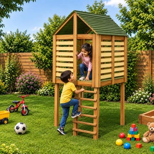 May include: A wooden playhouse with a green roof and horizontal slats, elevated on four posts with an attached ladder. The structure features an open front design, allowing access to the interior platform where a child stands, while another climbs.