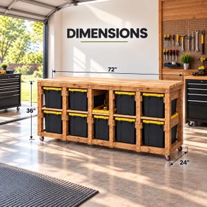 May include: A wooden workbench with nine storage compartments containing black and yellow plastic bins. The workbench features wheels and measures 72 inches wide, 36 inches high, and 24 inches deep, as indicated by the text DIMENSIONS.
