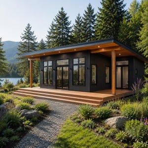 May include: A modern cabin with black vertical siding and a natural wood deck. The structure features large glass windows and doors, a flat roof with recessed lighting, and wooden support beams, set against a backdrop of pine trees and a lake.
