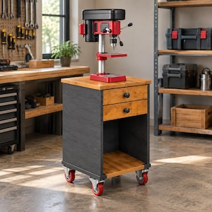 May include: A red and black drill press mounted on a mobile wooden cabinet. The cabinet features two drawers with black knobs, a lower open shelf, and four red caster wheels. The drill press has a vertical metal column and a red base.