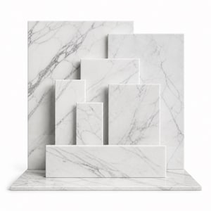 May include: A collection of white marble slabs with grey veining arranged in a tiered, stepped formation. The set includes multiple rectangular pieces of varying heights and widths, all featuring a polished finish and natural stone patterns.