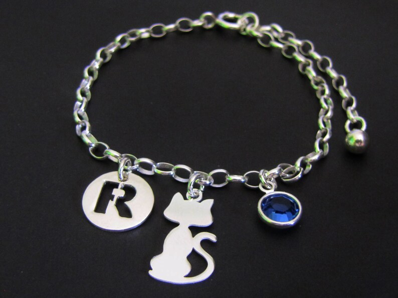 Sterling Silver Bracelet Birthstone Bracelet Personalized Cat Bracelet Gift for Her Initial Bracelet