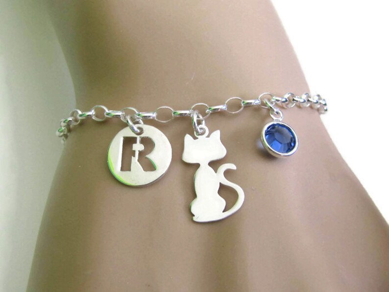 Sterling Silver Bracelet Birthstone Bracelet Personalized Cat Bracelet Gift for Her Initial Bracelet