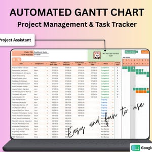May include: An automated Gantt chart project management and task tracker displayed on a laptop screen. The interface includes a Smart Project Assistant, task lists with assigned names, dates, status columns, and a calendar view. Text reads Easy and fun to use.
